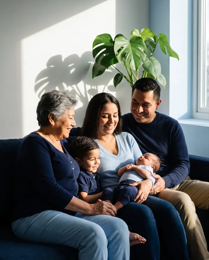 Family smiling in their living room