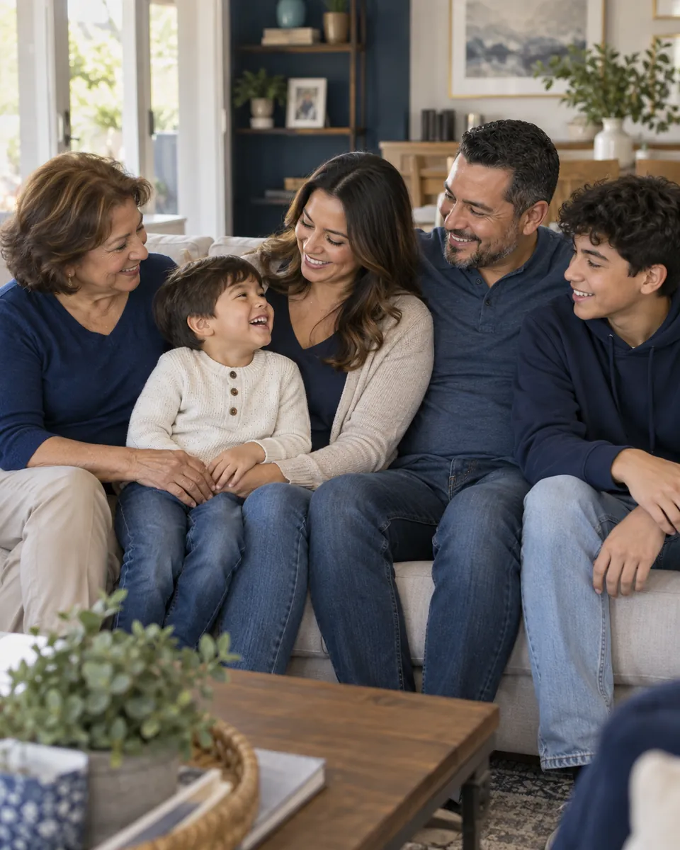 Three generations of a family sitting on a sofa