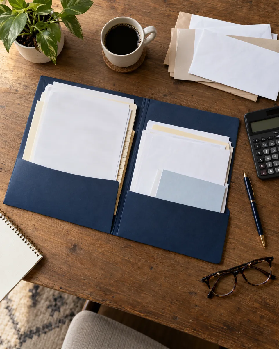 Folder with illustrative documents, envelopes and a calculator on a table — illustrative example.