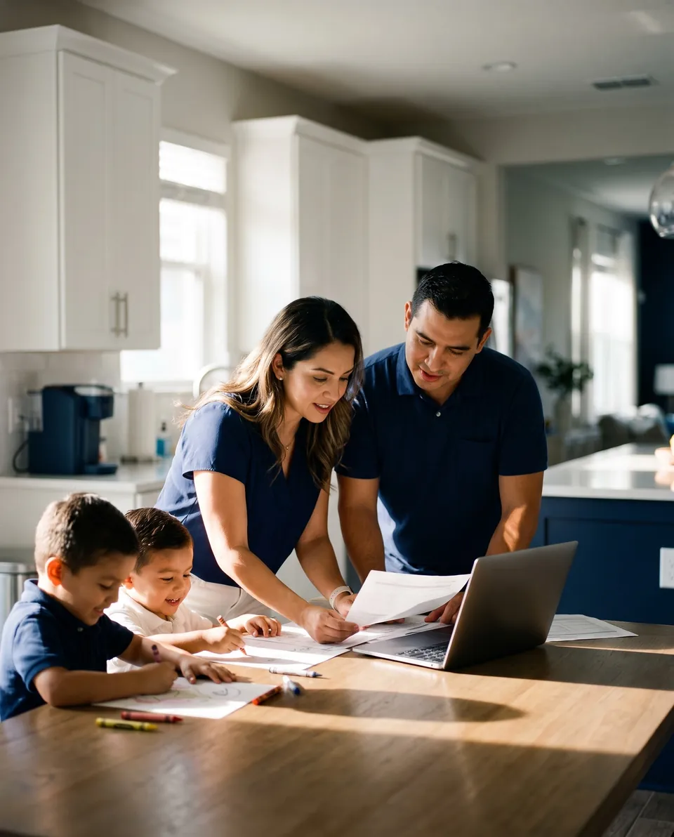Family with two children reviewing papers beside a laptop in the kitchen