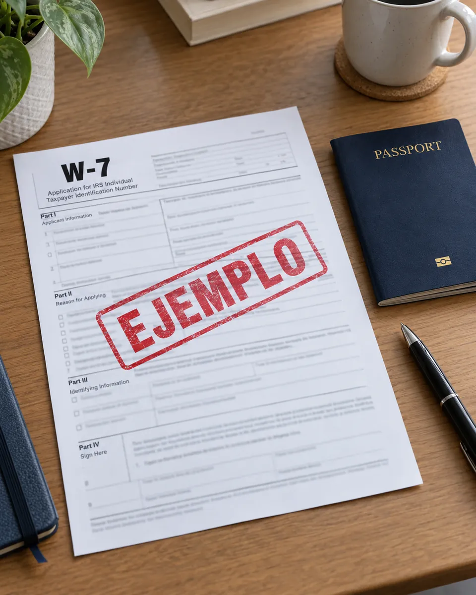 Sample Form W-7 beside a passport — illustrative example.