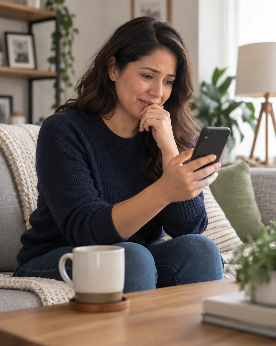 Woman checking her phone while sitting on a sofa