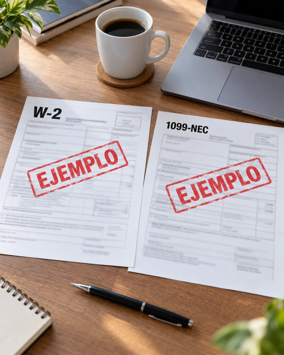 Sample W-2 and 1099-NEC forms on a desk — illustrative example.