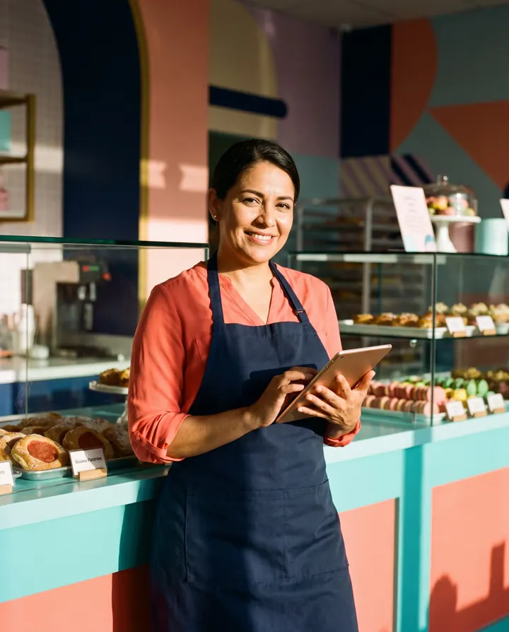 Bakery owner holding a tablet in her shop