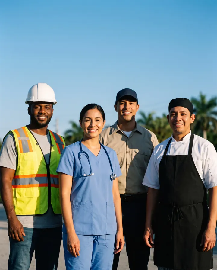 Workers from different trades smiling outdoors